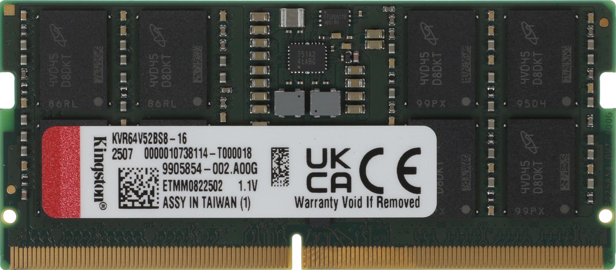 Оперативная память DDR5 16GB 6400MHz Kingston KVR64V52BS8-16 Valueram RTL PC5-51200 CL52 SO-DIMM 262-pin 1.1В single rank Ret