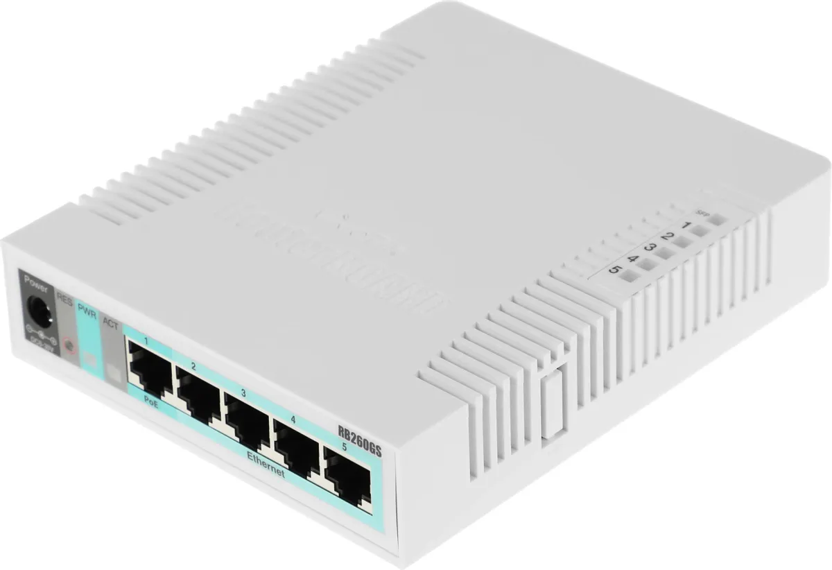 Коммутатор/ RB260GS 5x Gigabit Ethernet Smart Switch, SFP cage, plastic case, SwOS