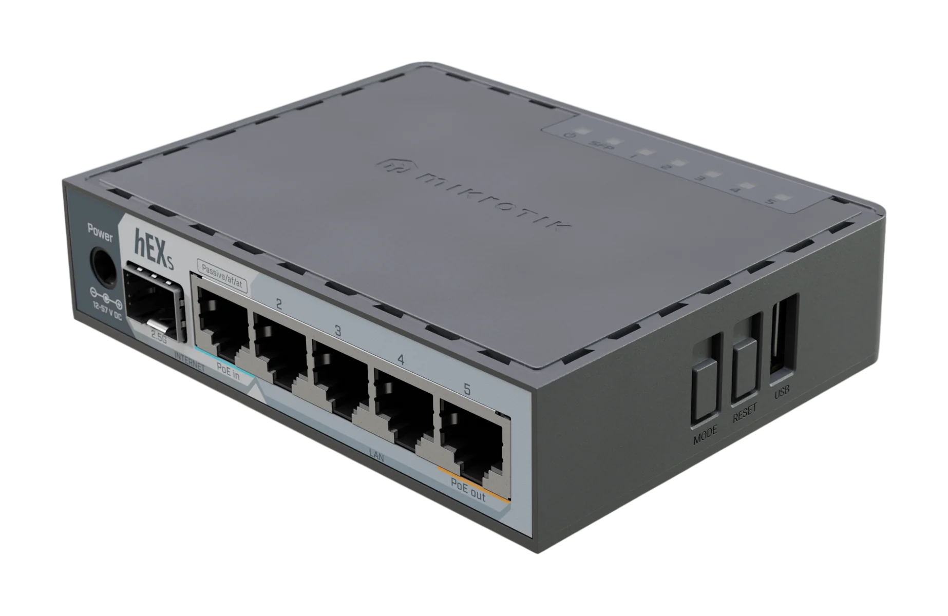 Маршрутизатор/ MikroTik E60iUGS (hEX S 2025) powerful wired router for homes and small businesses, featuring 5 Gigabit Ethernet ports (PoE in/out), a 2.5G SFP cage, USB 3.0, a dual-core CPU, 512MB RAM