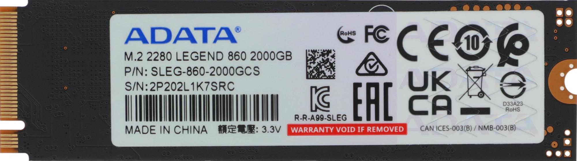 Твердотельный накопитель A-Data PCIe 4.0 x4 2TB SLEG-860-2000GCS Legend 860 M.2 2280