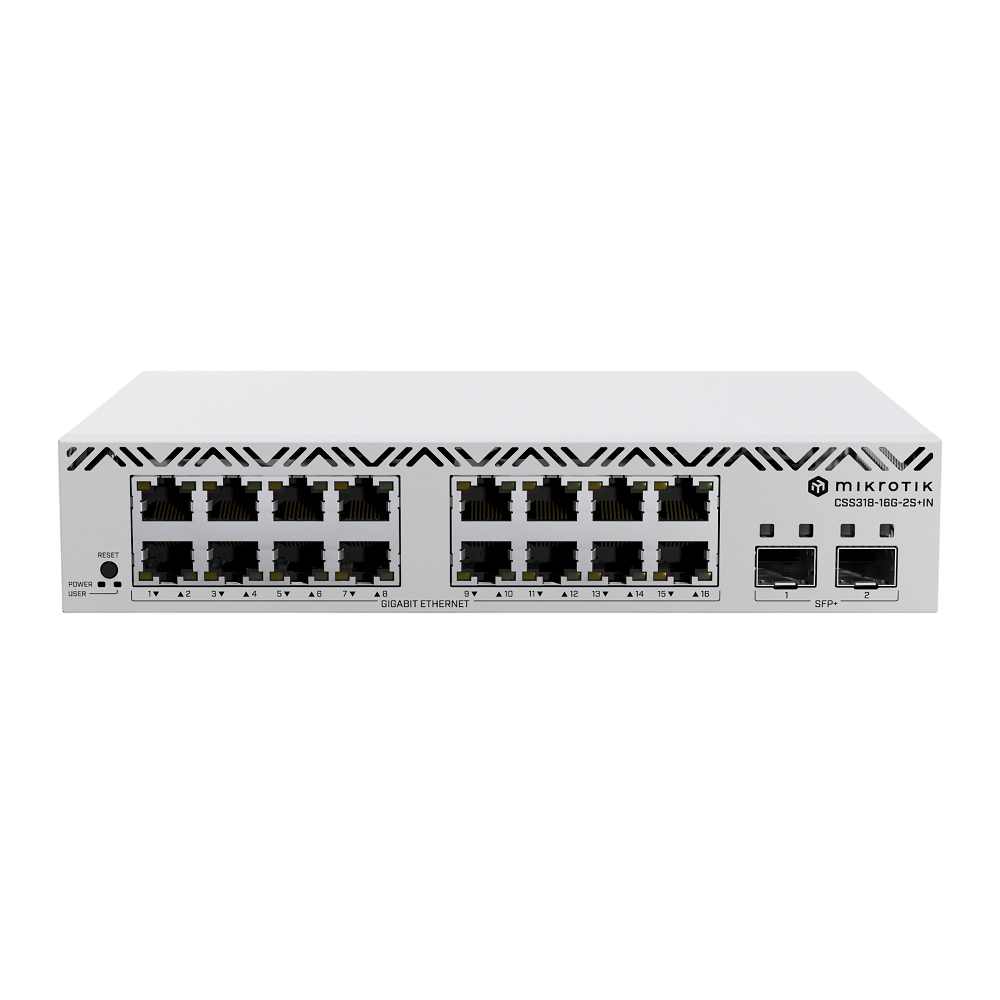 Коммутатор/ MikroTik CSS318-16G-2S+IN is a managed switch equipped with 16 Gigabit Ethernet ports and 2 high-performance 10G SFP+ ports