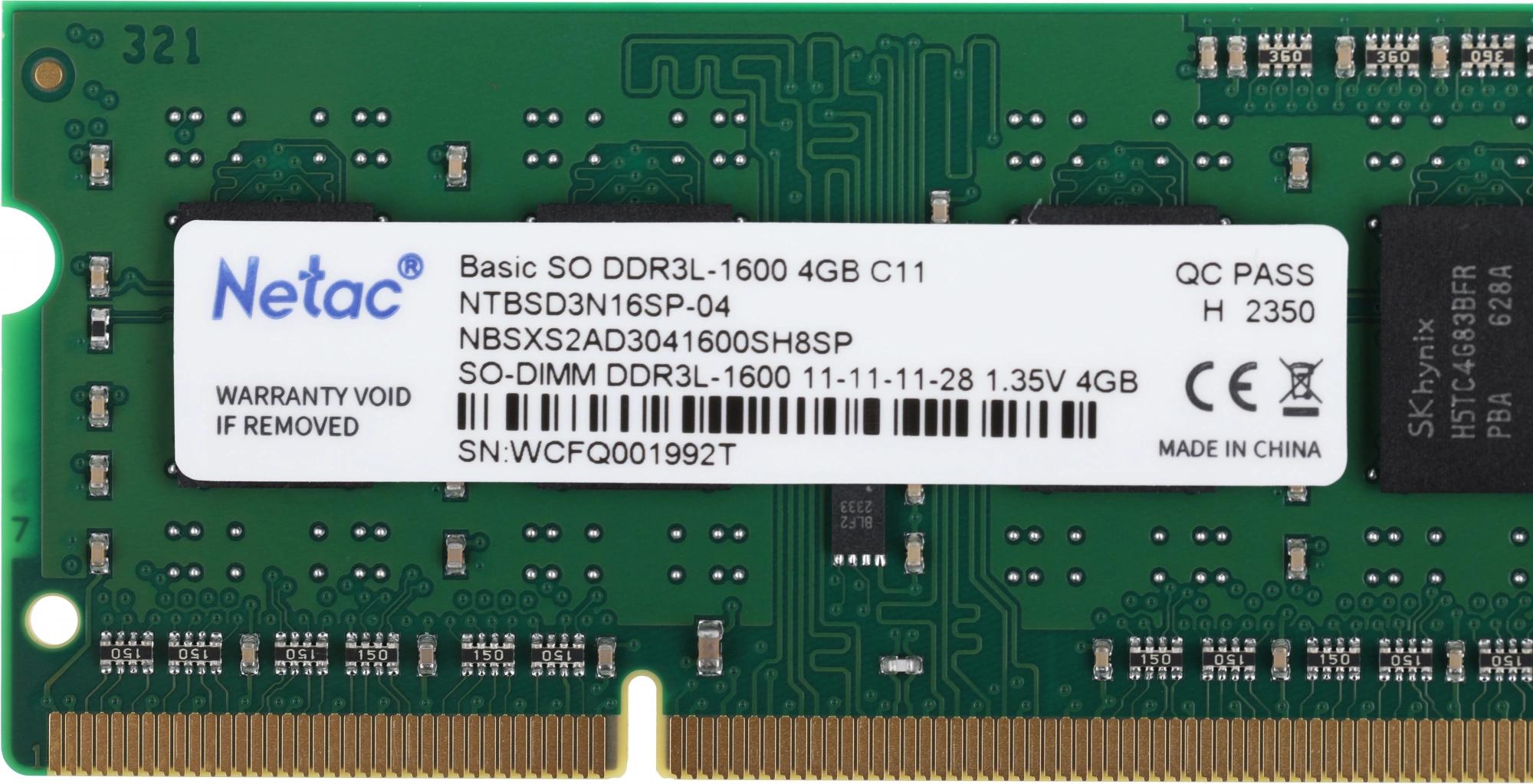 Оперативная память DDR3L 4Gb 1600MHz Netac NTBSD3N16SP-04 Basic RTL PC3-12800 CL11 SO-DIMM 204-pin 1.35В single rank Ret [NTBSD3N16SP-04]